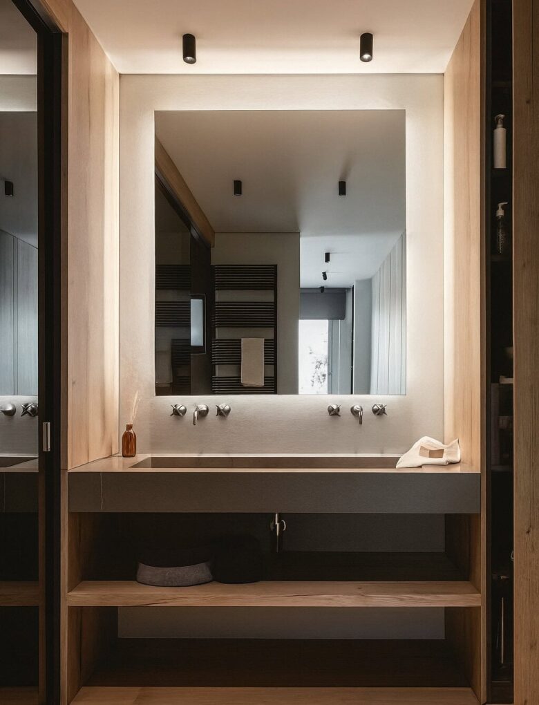 Elegant modern bathroom vanity with large mirror and minimalist design, featuring sleek fixtures and natural wood accent.