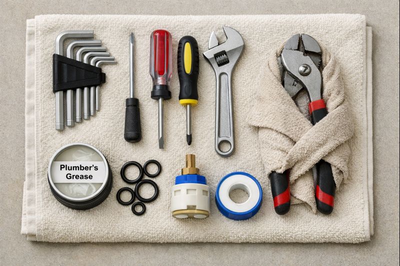 Assorted plumbing tools and supplies for pipe repair and maintenance at A-Torneira.