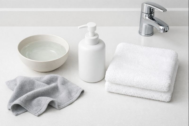 Soft white towels and soap dispenser on bathroom sink with modern faucet, clean and minimal bathroom decor, A-Torneira.