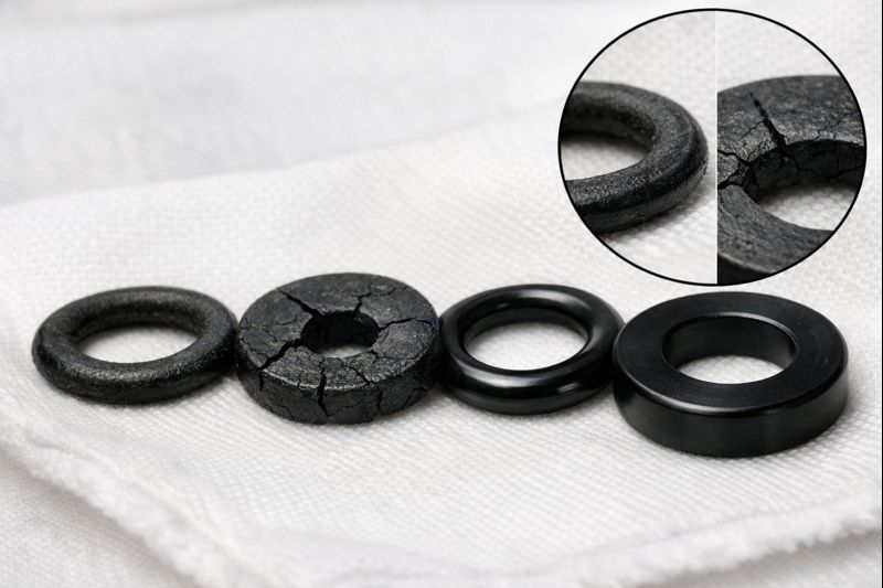 Black rubber washer gasket with crack damage, repair, plumbing leak seal, corrosion-resistant material.