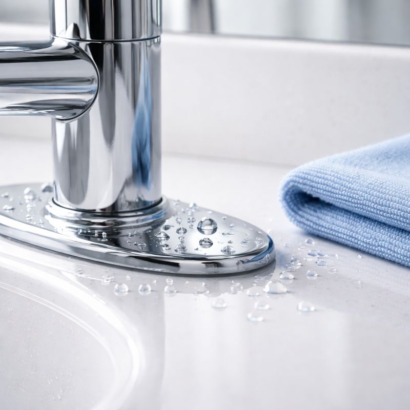 Shiny chrome kitchen faucet with water droplets on sink surface, modern and sleek design.