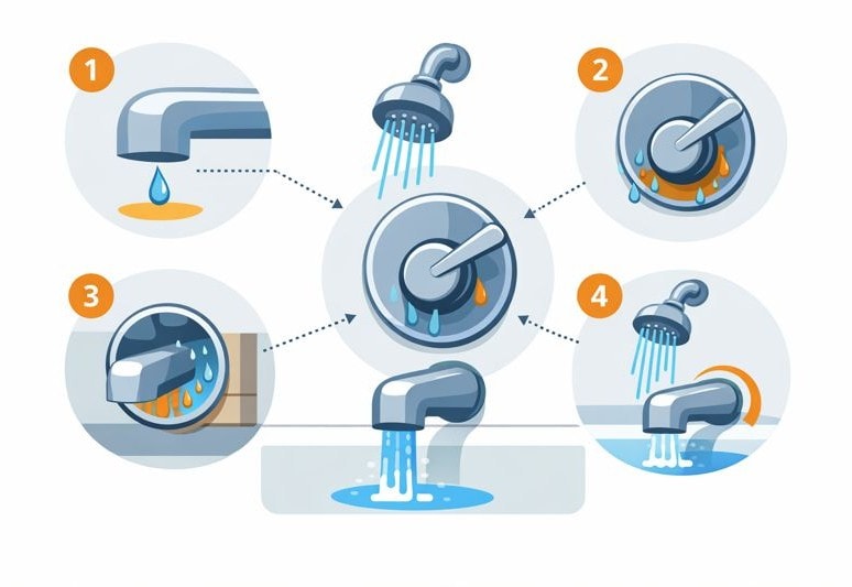 Drip faucet illustration showing water flow and switch mechanism for plumbing repair and maintenance.