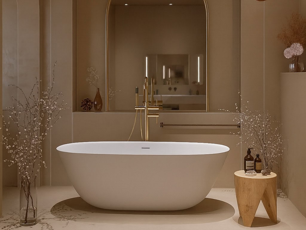 A-Torneira modern freestanding bathtub with gold fixtures in a luxurious bathroom setting.