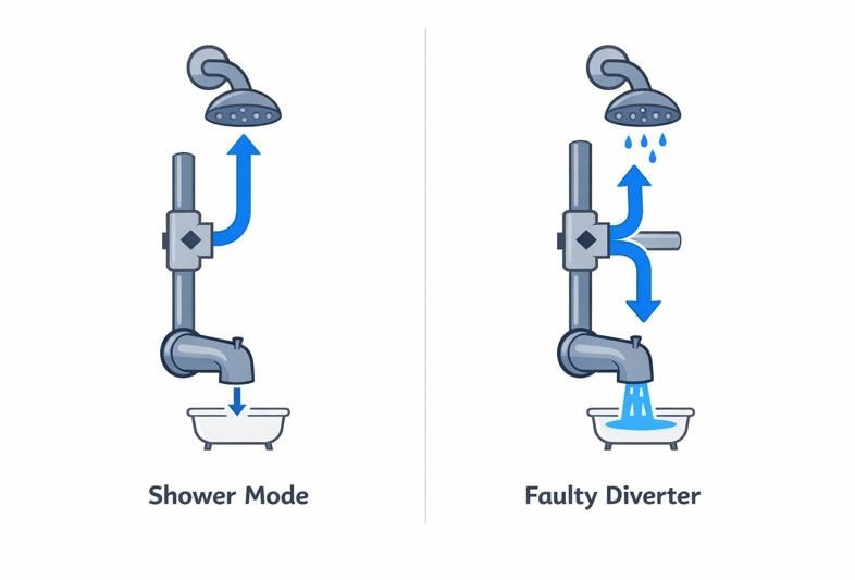 Shower faucet switching between shower mode and faulty diverter water leak issue repair solution.