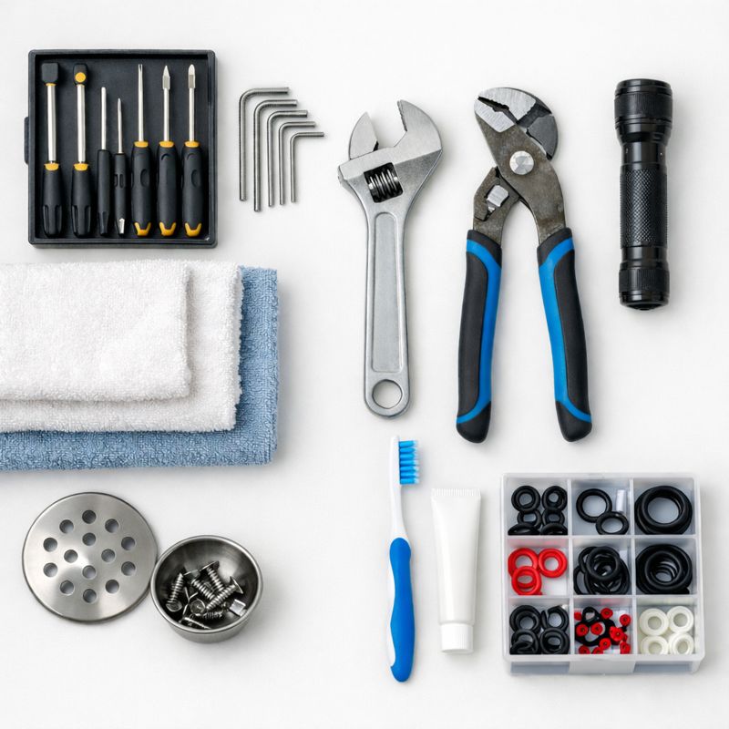 Assorted plumbing tools and accessories on a white background, including screwdrivers, wrenches, flashlight, and O-rings.