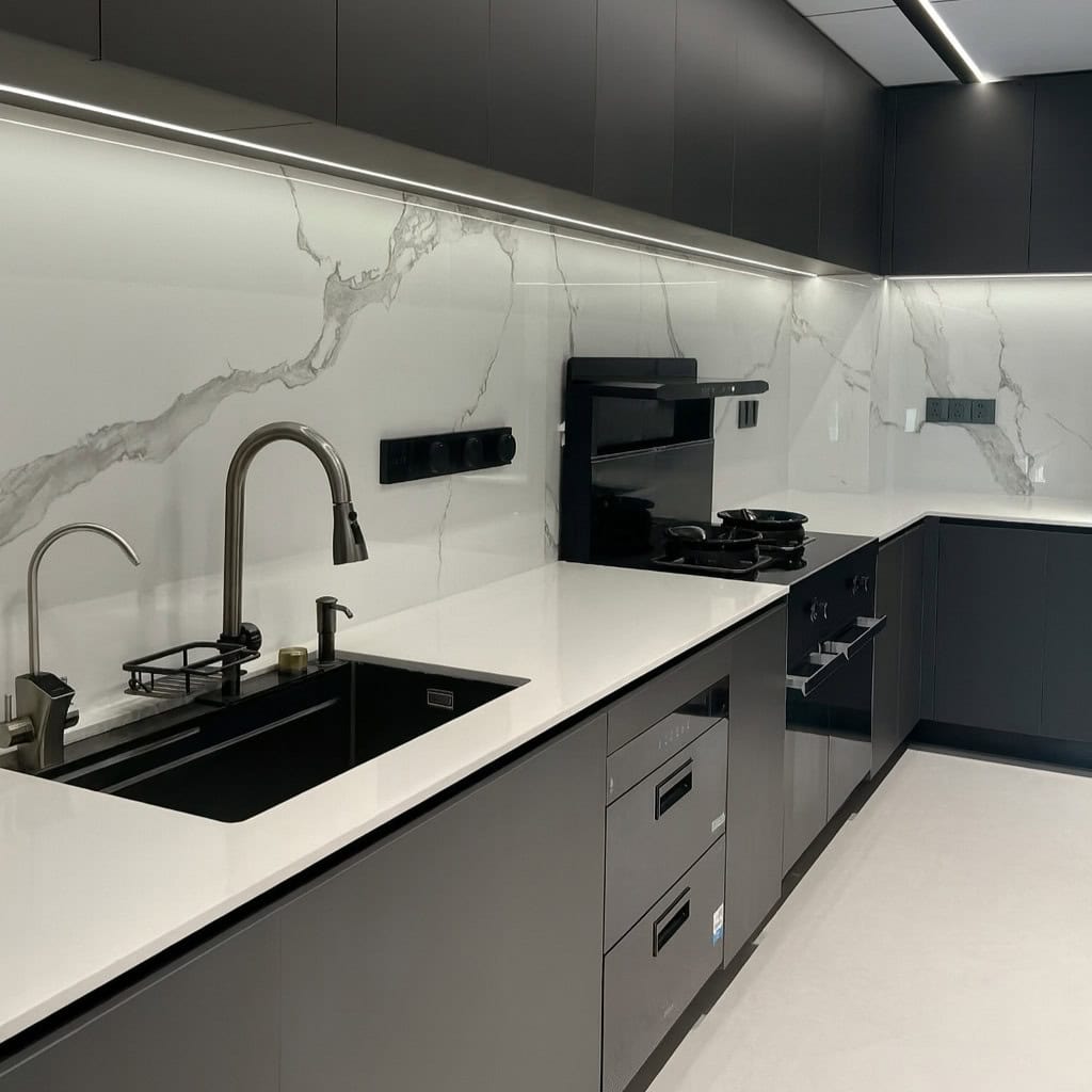 Modern black and white kitchen with sleek countertops, sink, and built-in appliances for contemporary home design.
