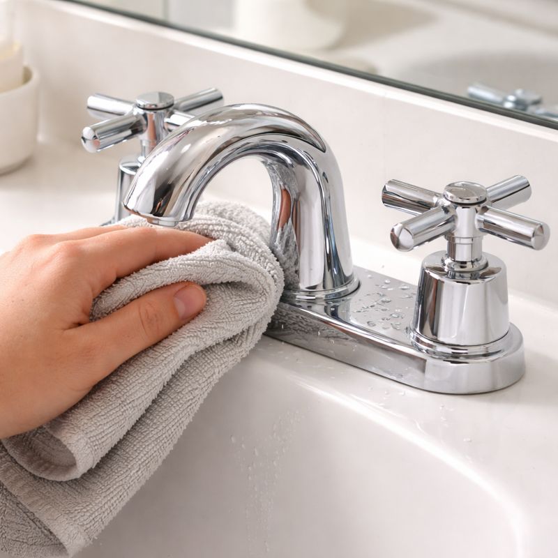 wipe dry the faucet with towel on a white bathroom sink.