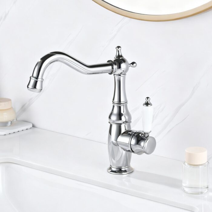 Sleek chrome kitchen faucet with vintage design and ceramic handle for timeless style.