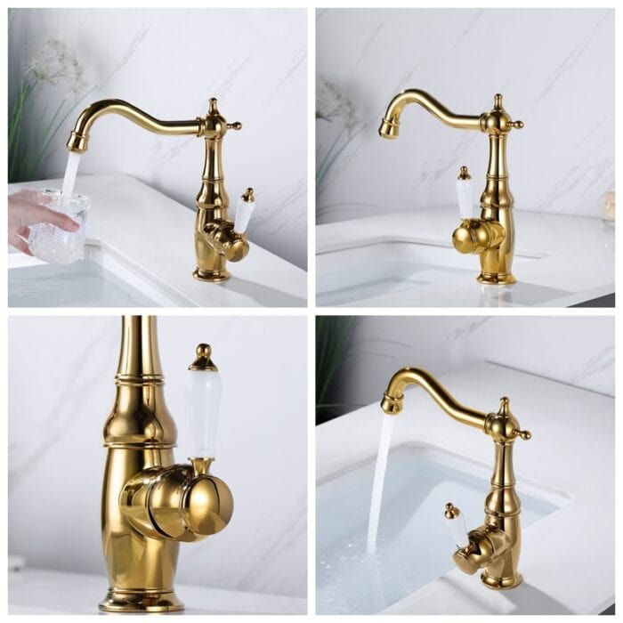 Elegant gold kitchen faucet with vintage design, perfect for modern and classic kitchens.
