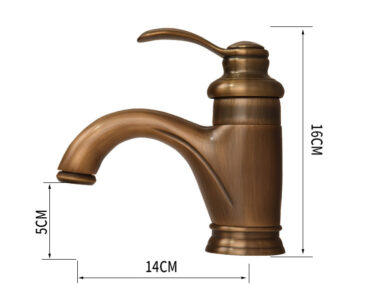Brass kitchen faucet with vintage design, 16cm height, 14cm spout length, and 5cm base for elegant sink installation.