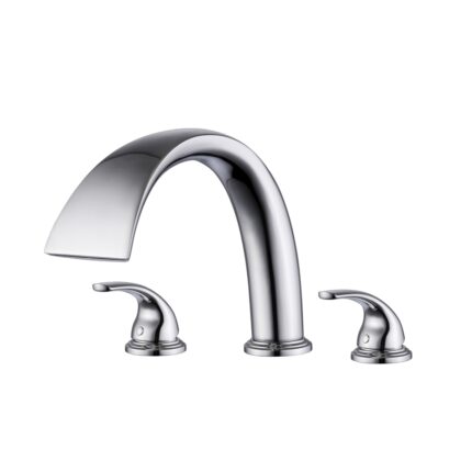 Sleek stainless steel kitchen faucet with dual handles and high-arc spout for modern design and easy use.