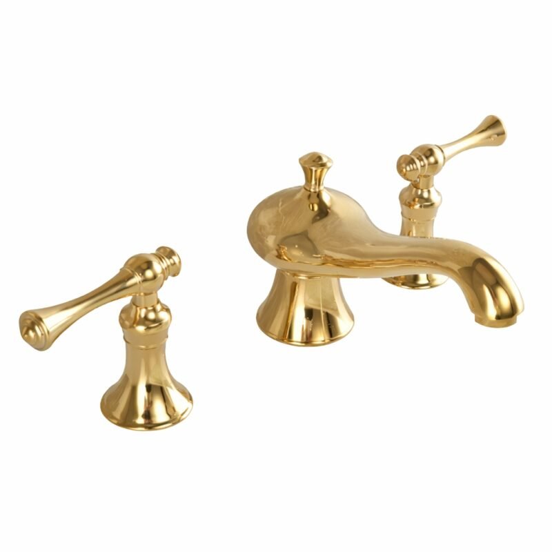 Golden bathroom sink faucet with vintage style design and dual handles.