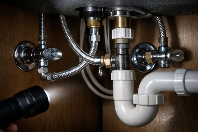 Under-sink plumbing with shutoff valves and braided supply lines showing a drip at a connection