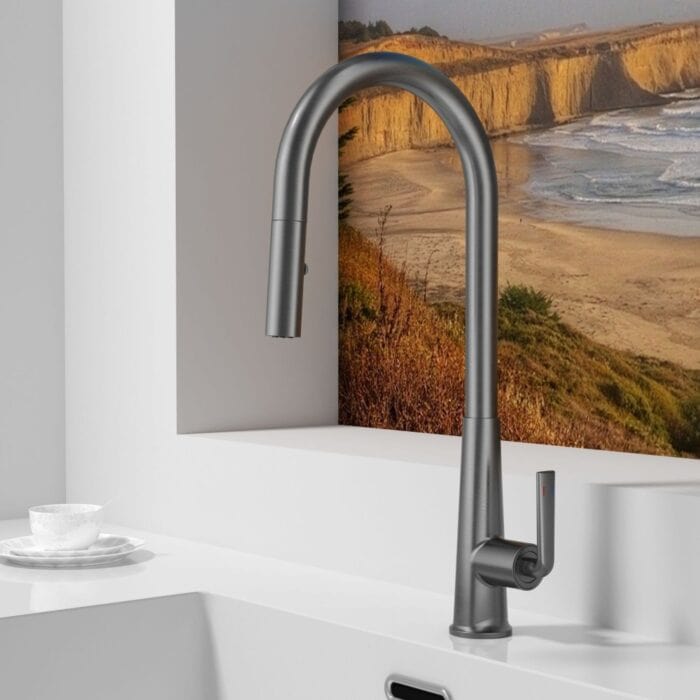 Smooth stainless steel kitchen faucet with modern design for easy use and durability.