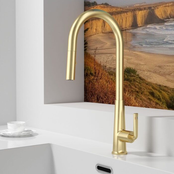 Sleek gold kitchen faucet with modern design, perfect for contemporary kitchen decor.