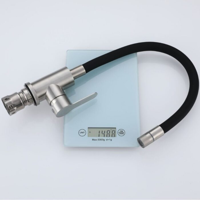 Premium stainless steel kitchen faucet with flexible black hose for modern sink installation.