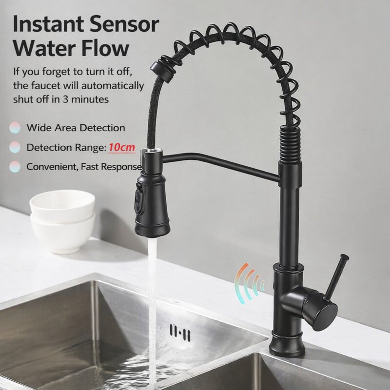 Black Touchless Kitchen Faucet with Pull-down Tap Sprayer