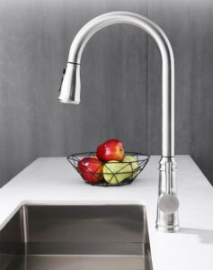 Modern stainless steel kitchen faucet with high-arc design for home and professional kitchens.