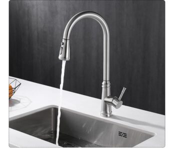 Brushed stainless steel modern kitchen faucet with pull-down sprayer for sink.