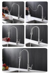 Sleek stainless steel kitchen faucet with pull-down sprayer for versatile water control and modern design.