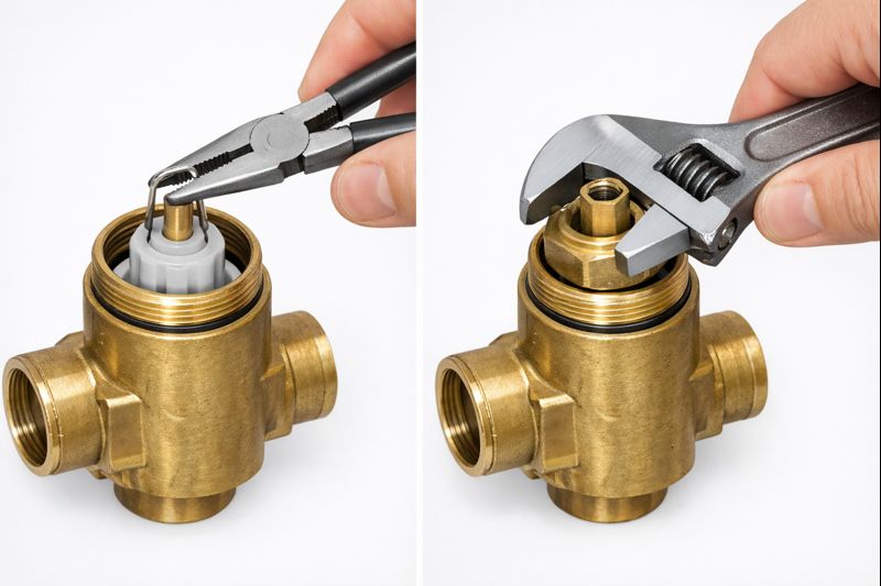 Adjusting brass faucet valve with pliers and tool for maintenance or repair.