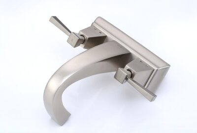 Bright stainless steel A-Torneira faucet with modern dual-lever design for contemporary bathroom or kitchen fixtures.