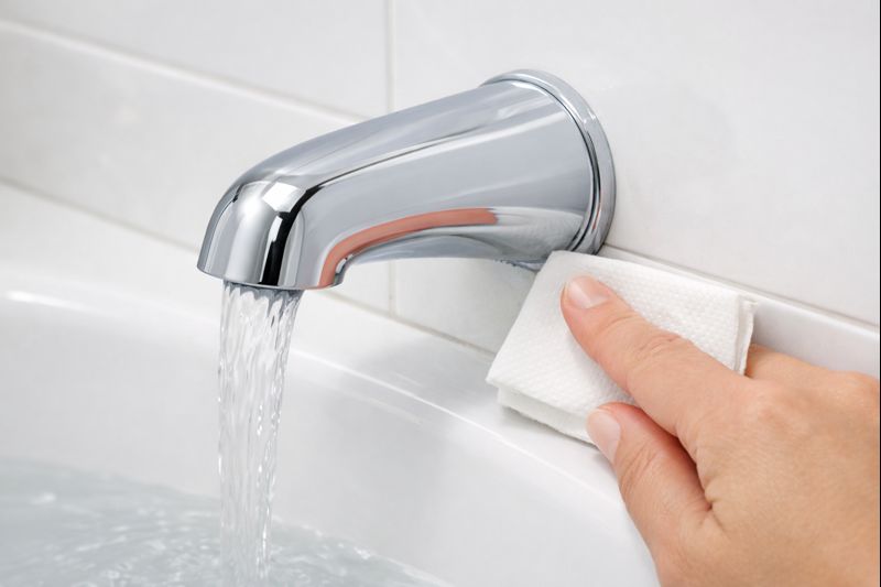 Shiny chrome kitchen faucet with water flowing and cleaning cloth for maintenance or repair.