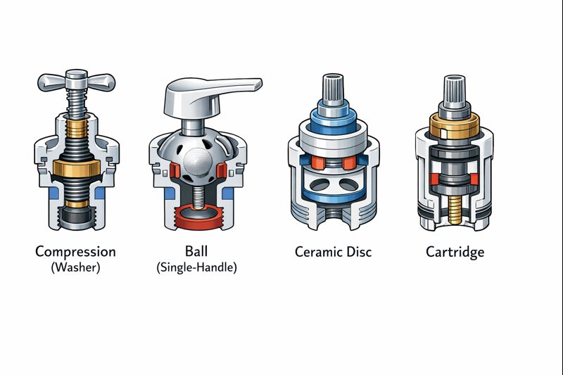 Comparison diagram of faucet types: compression, ball, ceramic disc cartridge, and cartridge faucet