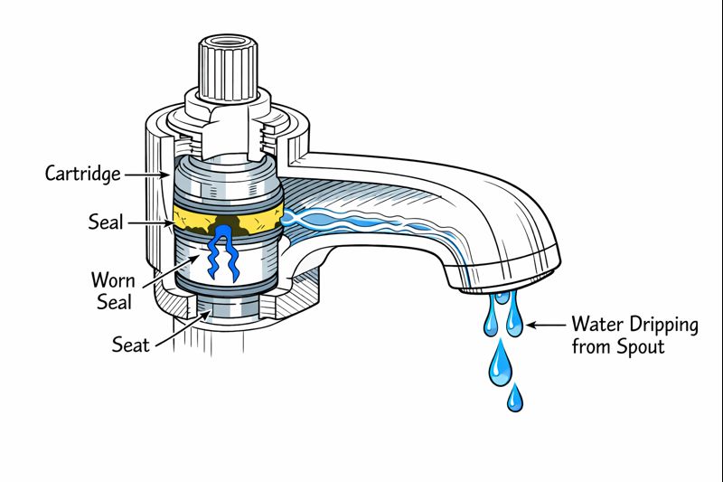 Cutaway diagram of faucet valve showing worn seal or valve seat causing water to drip from the spout