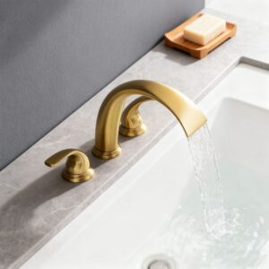 Brass bathroom faucet with single handle and water flowing, modern design.