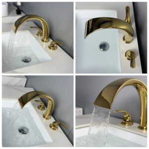 Brass bathroom sink faucet with modern design and water flow, luxury gold finish.