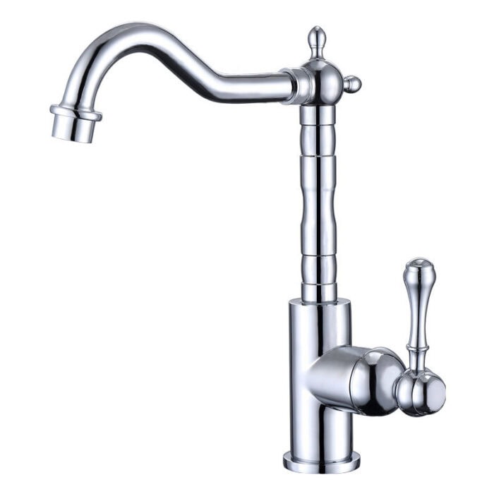 Shiny chrome kitchen faucet with vintage design and high arch spout for modern or traditional sinks.