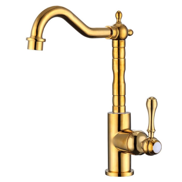 Shiny gold kitchen faucet with vintage design, modern and elegant style.