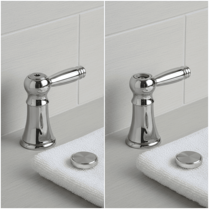Shiny chrome faucet handle without spout on tiled wall bathroom decor.