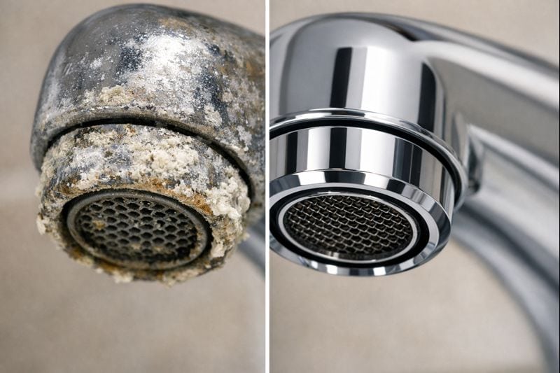 Faucet aerator with limescale buildup shown in a before-and-after comparison