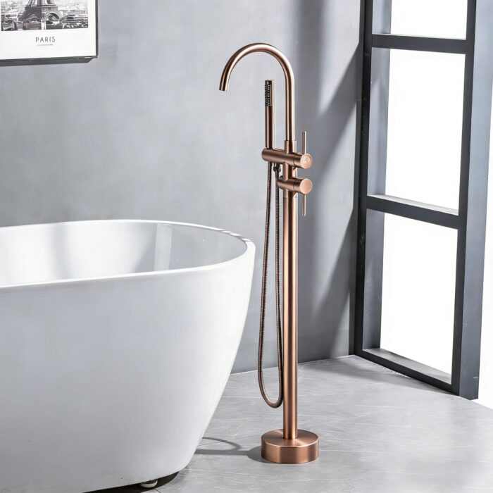 Elegant rose gold freestanding bathtub faucet with handheld spray.