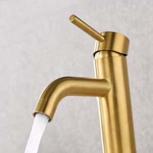 Brass modern kitchen faucet with water flowing, stylish and durable bathroom fixture.