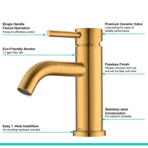 Bold gold faucet with single handle, ceramic valve, and eco-friendly aerator.