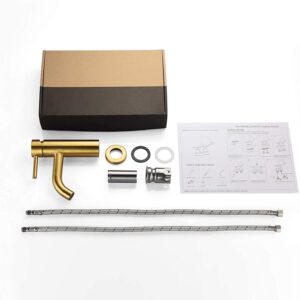 Brass kitchen faucet assembly kit with hoses, mounting hardware, and installation instructions for modern bathroom or kitchen sink.
