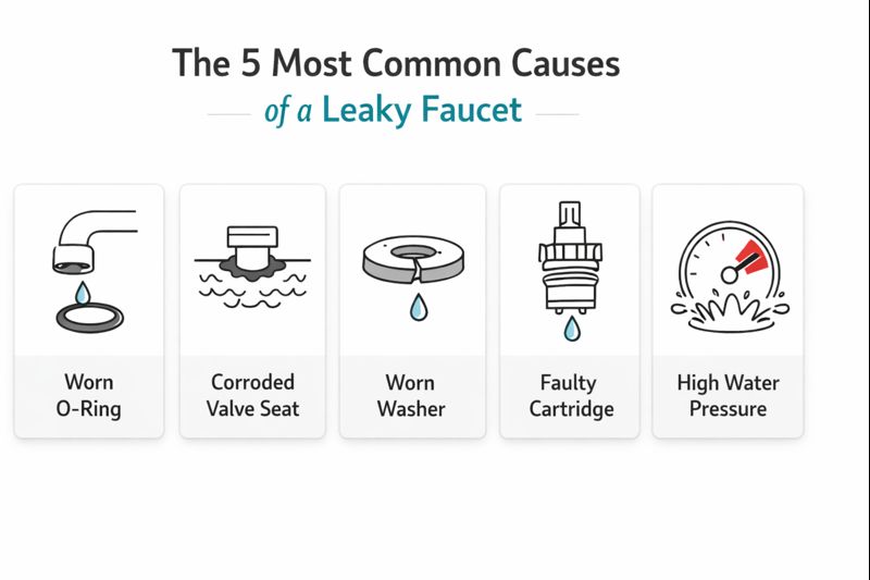 Infographic of five common causes of a leaky faucet: worn O-ring, pitted valve seat, worn washer, failing cartridge, and high water pressure
