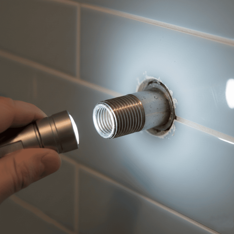 Shower faucet installation with flashlight inspecting connection on tiled wall.