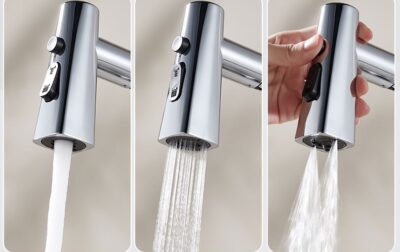 Automatic touchless kitchen faucet with water flow options and sleek stainless steel design.