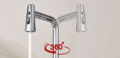 Modern chrome kitchen faucet with touch controls and 360-degree swivel for maximum flexibility.