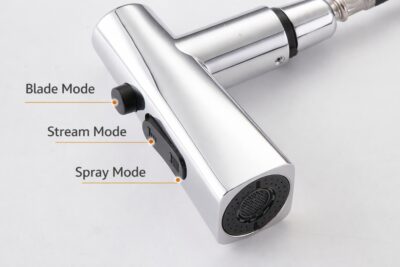 High-tech faucet with multiple spray modes, including blade, stream, and spray, for efficient water use.