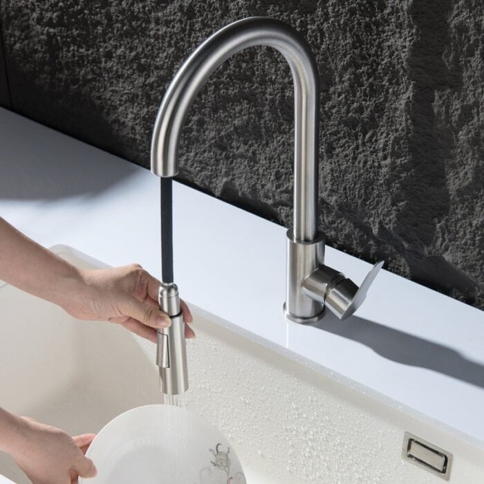 High-quality stainless steel kitchen faucet with pull-down spray head for versatile use.