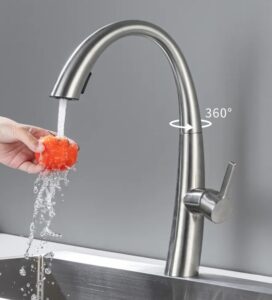 A-Torneira stainless steel kitchen faucet with 360-degree swivel feature for versatile use.