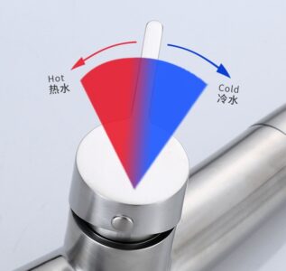 Sleek kitchen faucet temperature control lever with hot and cold water indicators for precise mixing.