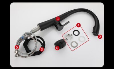 Flexible kitchen faucet with installation accessories and mounting hardware for modern home upgrades.