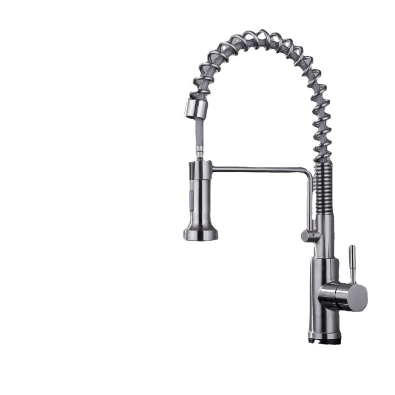 High-quality stainless steel kitchen faucet with flexible spring spout and pull-down spray for modern kitchen use.