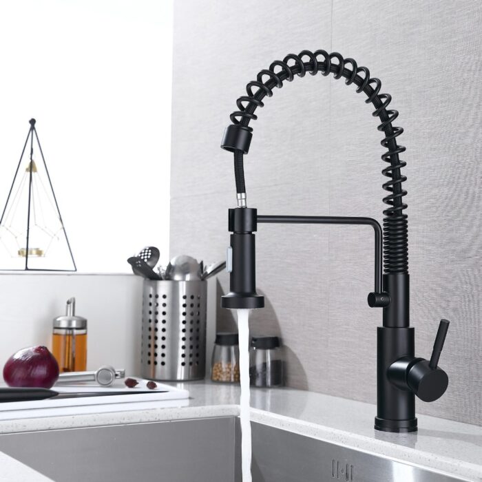 High-arc black kitchen faucet with flexible spring spout, modern design, for upgraded kitchen sinks.